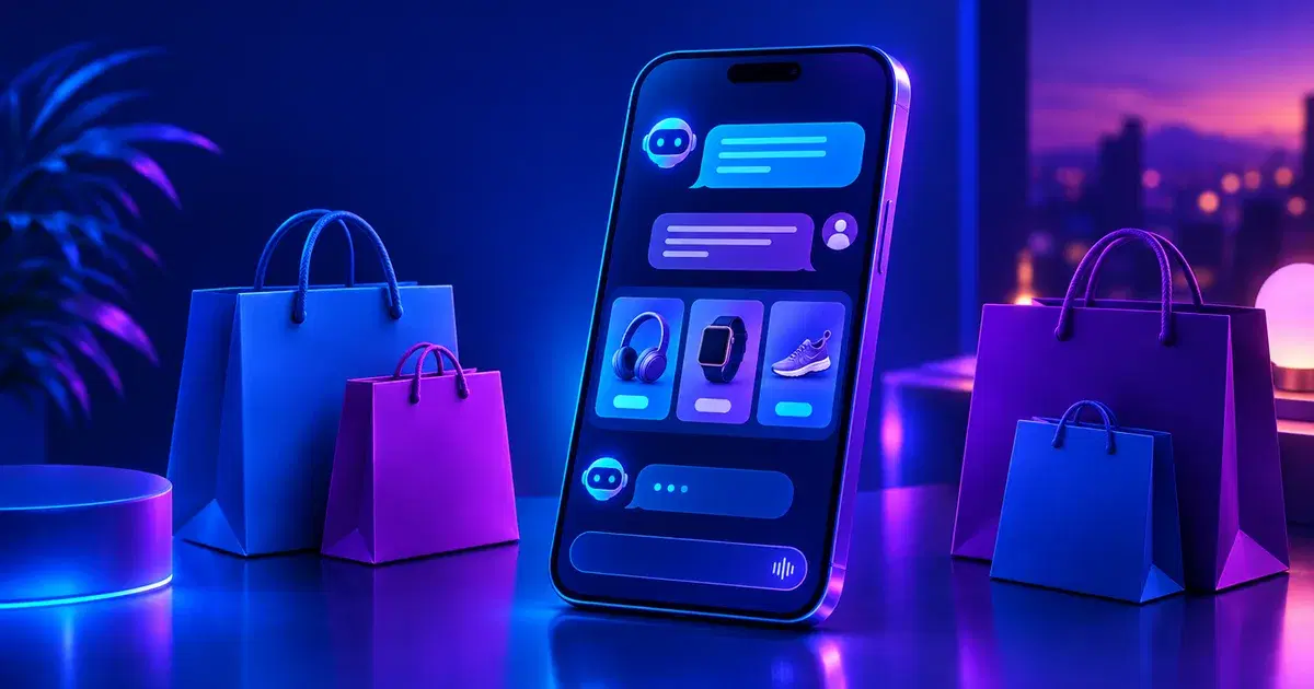 Ilustración de un celular con una conversación que muestra fichas de productos y bolsas de compra alrededor