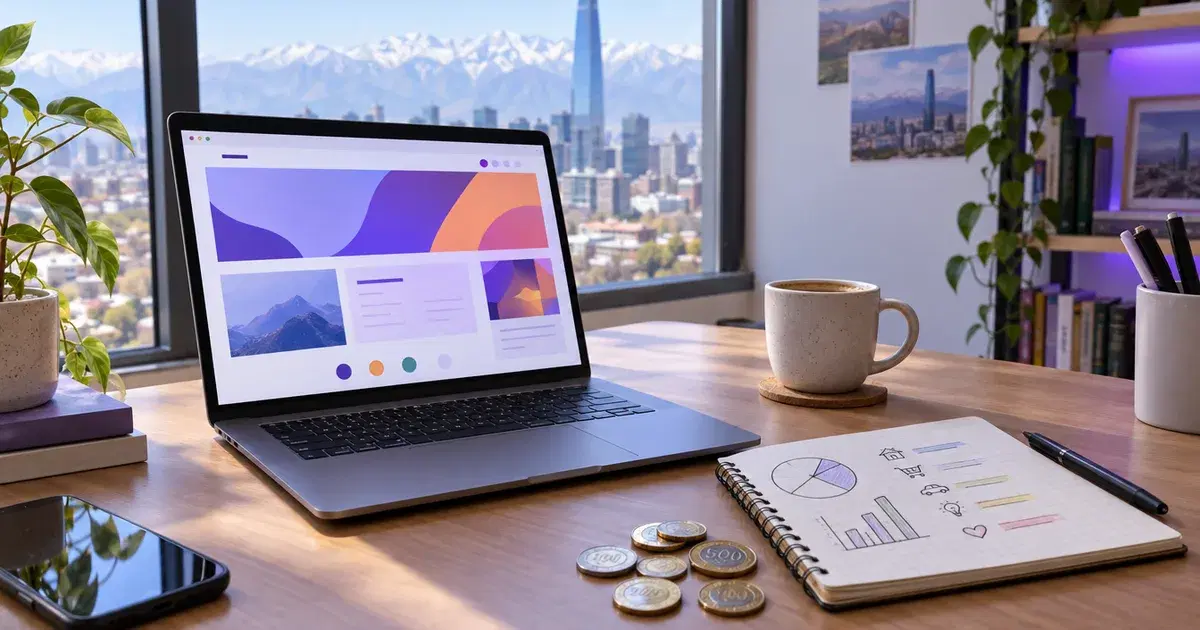 Notebook con un diseño web, cuaderno con un presupuesto y monedas chilenas en una oficina de Santiago