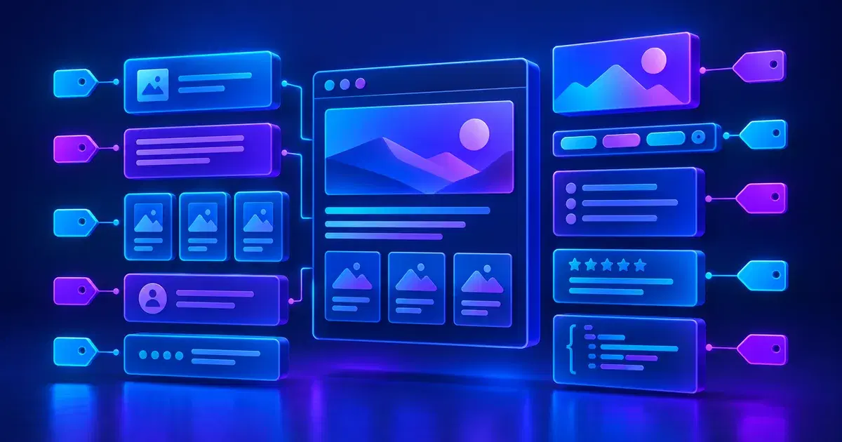 Ilustración de una página web descompuesta en bloques etiquetados y ordenados en una grilla