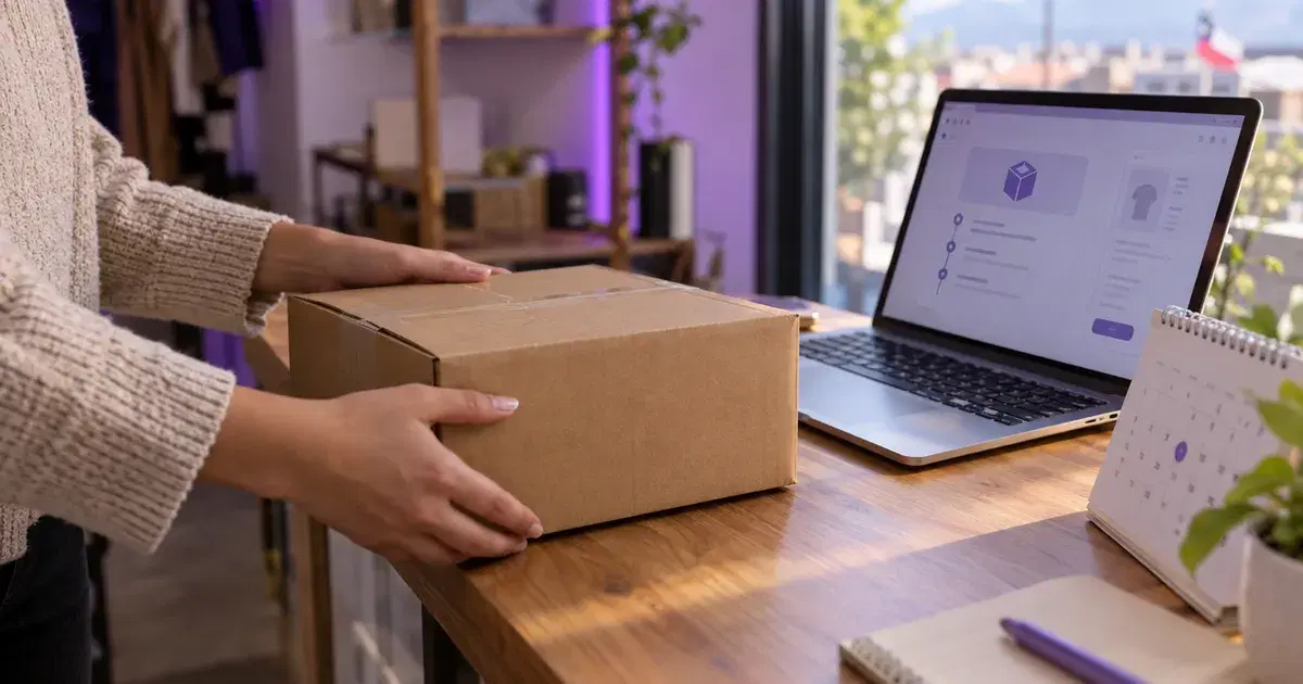 Caja de cartón abierta sobre una mesa, con el producto envuelto de vuelta en su embalaje y un calendario de pared con varios días tachados al fondo