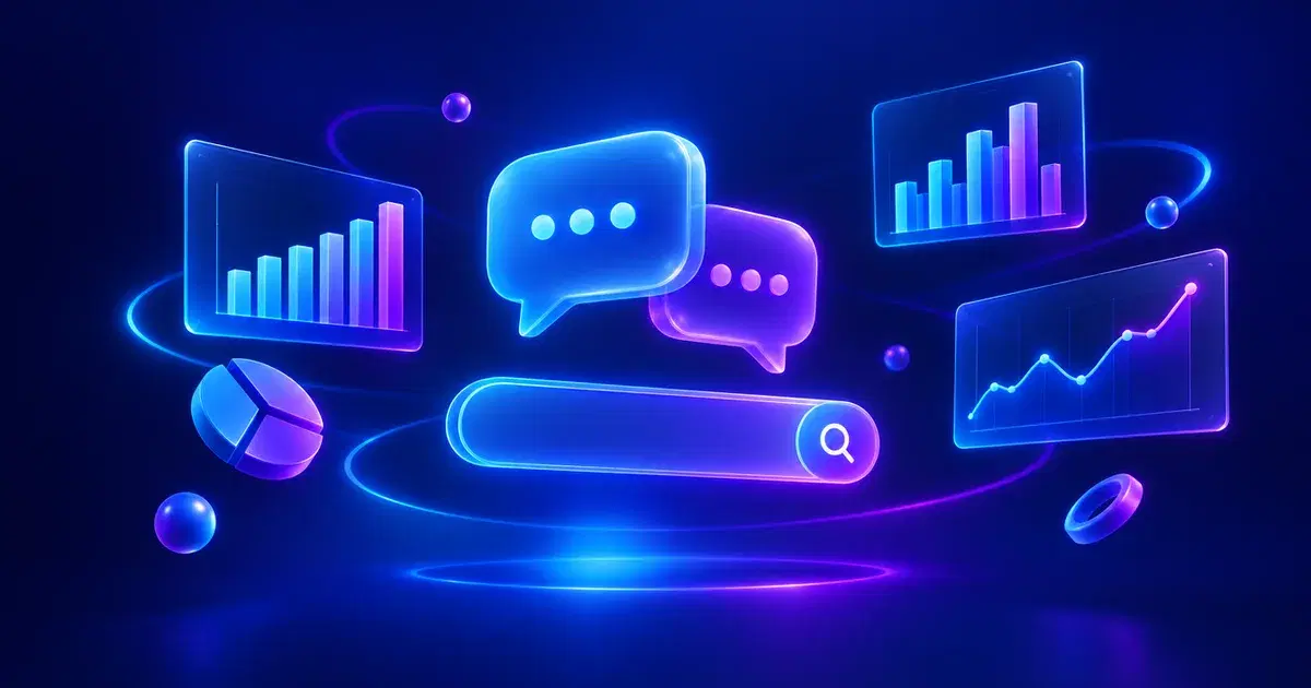 Ilustración de gráficos de barras y líneas alrededor de burbujas de chat y una barra de búsqueda