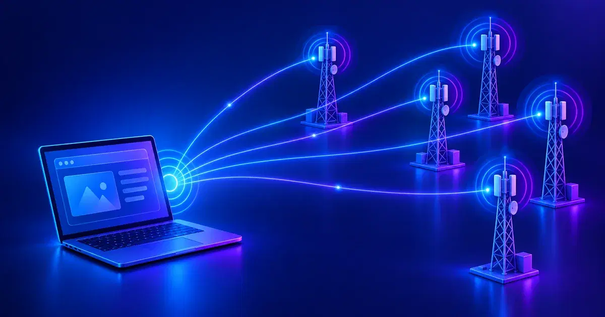 Ilustración de un sitio web que envía una señal a varias antenas al mismo tiempo