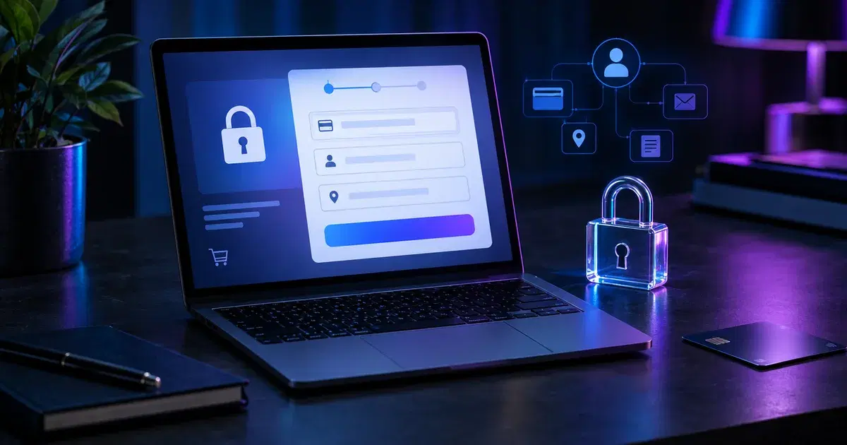 Notebook con un formulario de pago protegido por un candado y un candado de vidrio sobre el escritorio
