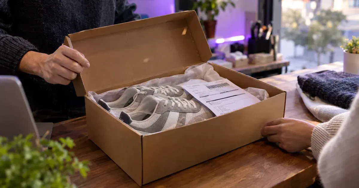 Caja de un producto devuelto con zapatillas y una boleta de devolución sobre un mesón