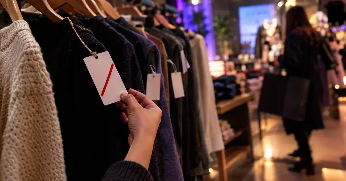 Etiquetas de precio en ropa de una tienda, una de ellas tachada con una línea roja
