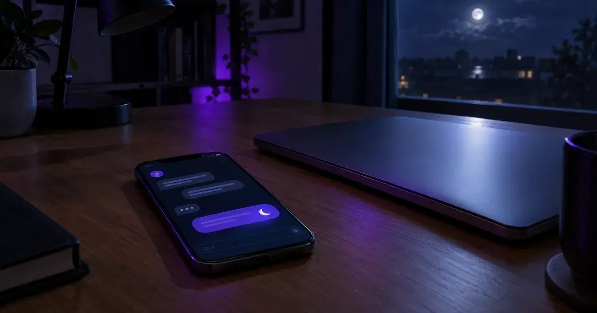 Celular de noche sobre un escritorio con una respuesta automática en pantalla