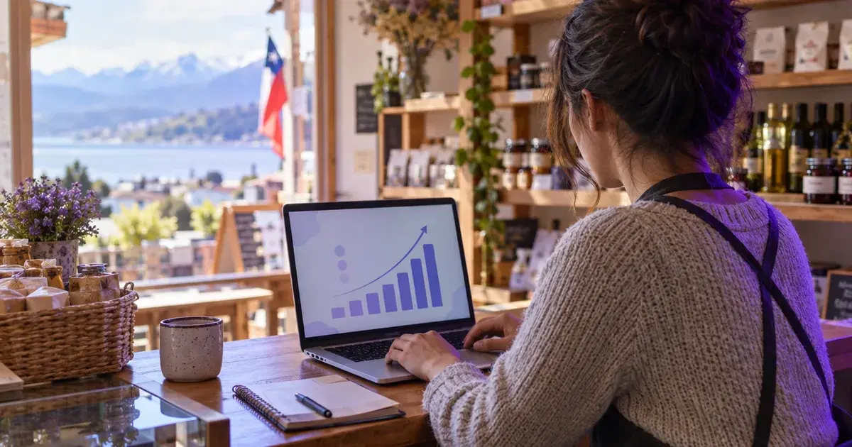 Dueña de un negocio revisa en su notebook un gráfico de crecimiento en su local