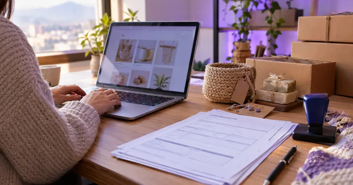 Escritorio de un vendedor nuevo con notebook, productos hechos a mano y formularios con un timbre