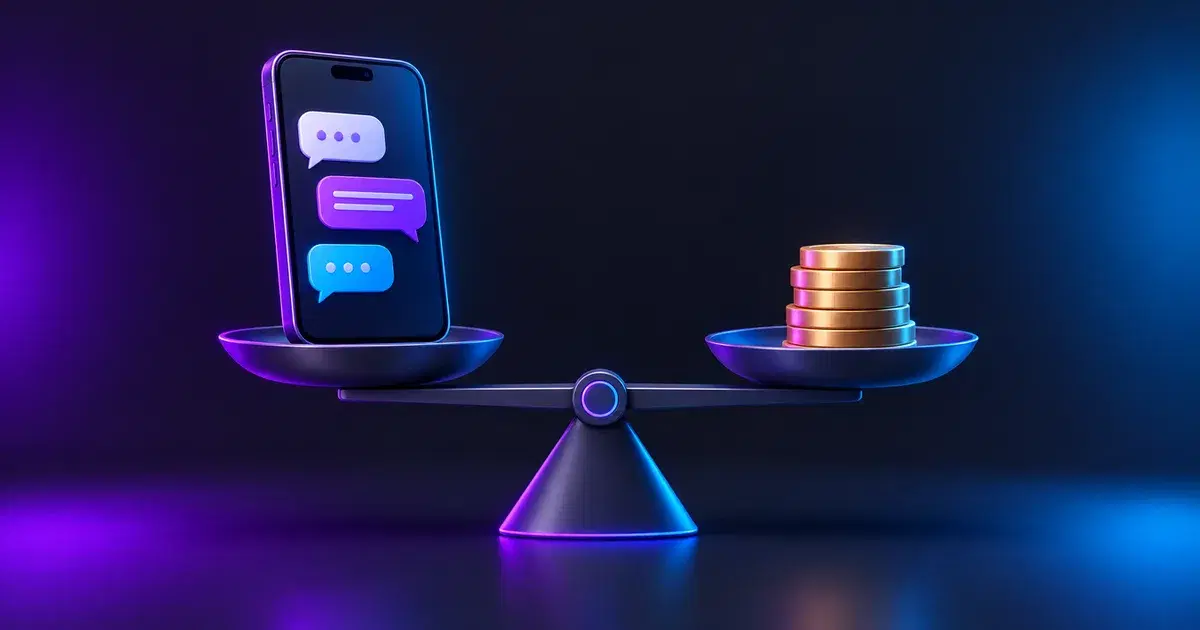 Ilustración de un celular con burbujas de chat en una balanza frente a una pila de monedas