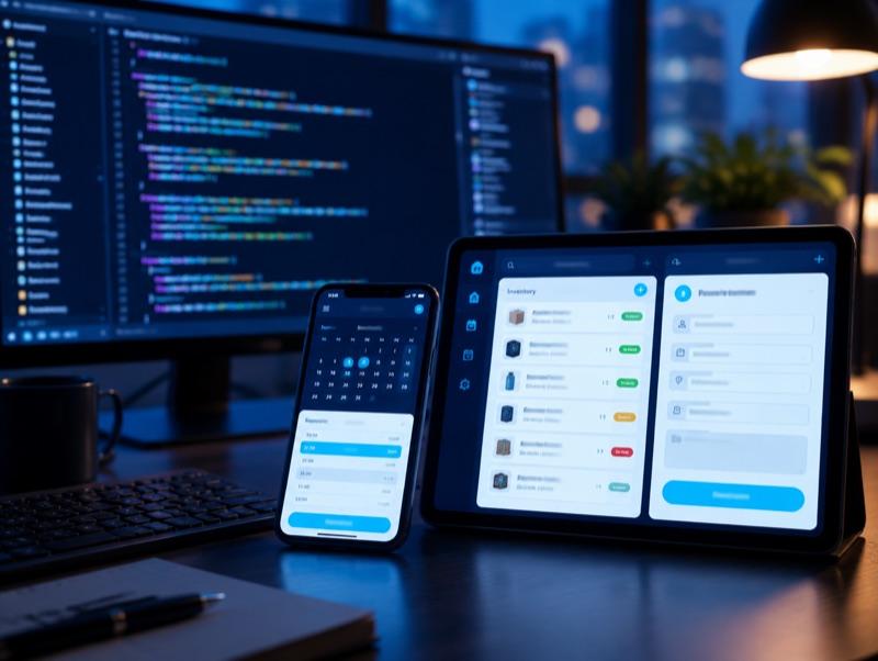 Código en un monitor y apps de agenda e inventario en celular y tablet