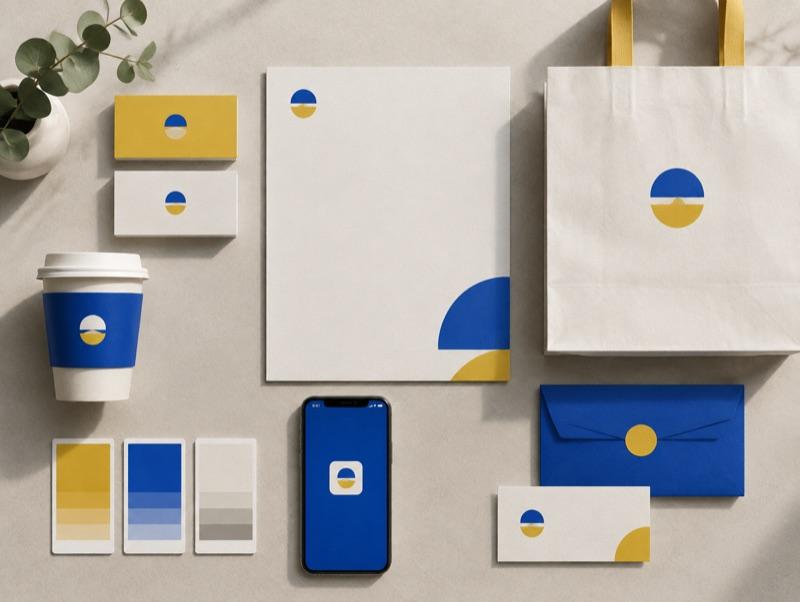 Kit de identidad de marca aplicado en papelería, packaging y app