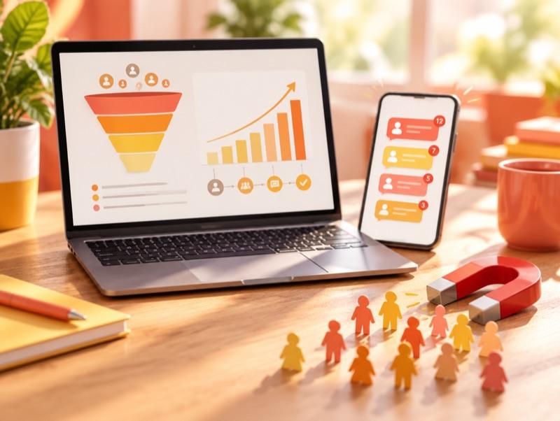 Embudo de ventas con leads en aumento y notificaciones de nuevos clientes