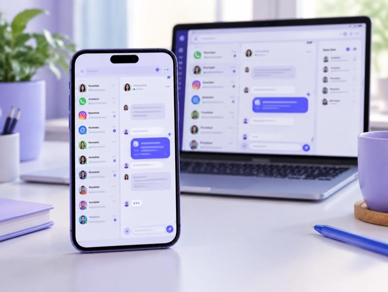 Celular y notebook con una bandeja de mensajes unificada y respuestas de IA