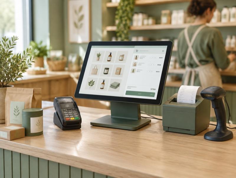 Punto de venta con pantalla táctil, terminal de pago, impresora y lector de códigos