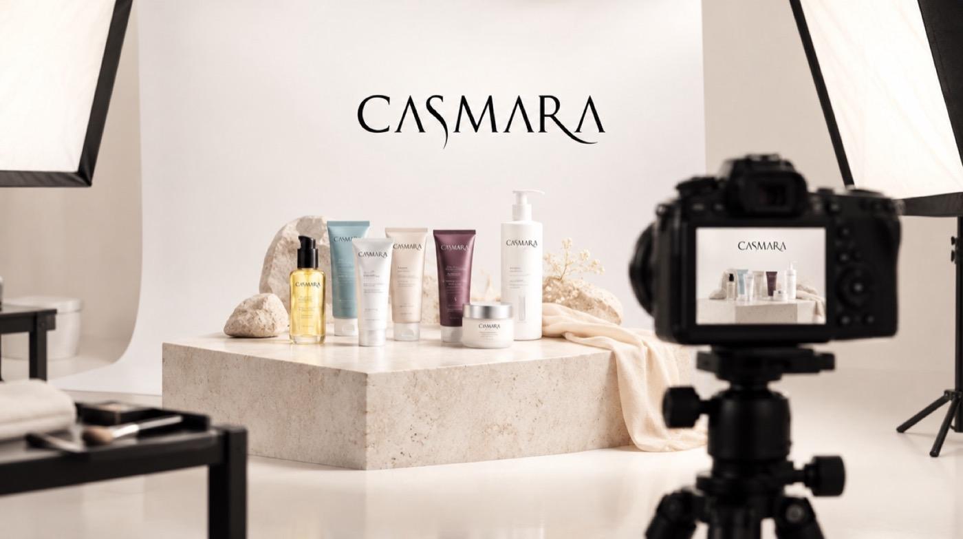 Sesión de fotografía de productos Casmara en un estudio con luces y cámara