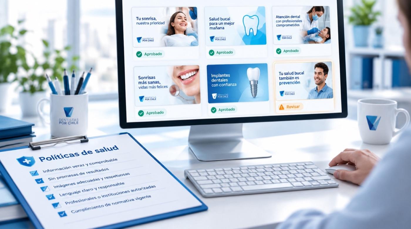 Revisión de anuncios dentales según políticas de salud, con piezas aprobadas y una por revisar