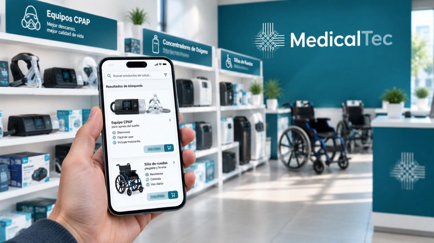 Celular con anuncios de CPAP y sillas de ruedas dentro de una sucursal de Medicaltec