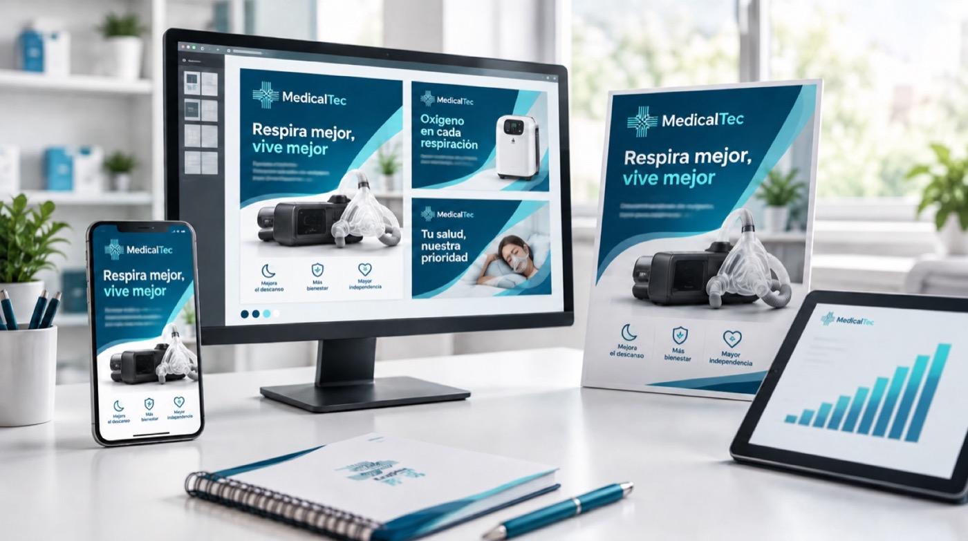 Plantillas publicitarias de Medicaltec en monitor, celular y afiche de sucursal, con un gráfico de rendimiento