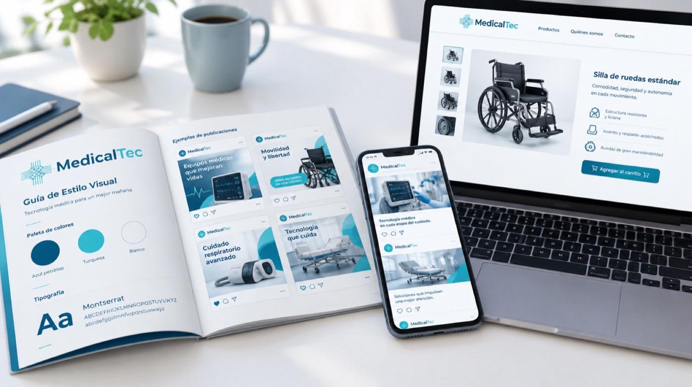 Guía de estilo de Medicaltec junto a un feed social y una ficha de producto en laptop