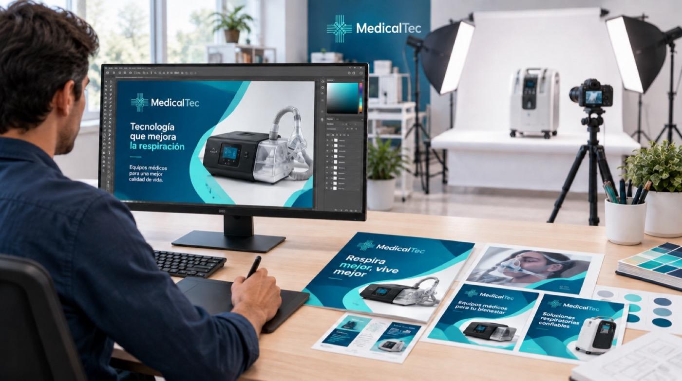 Diseñador editando una pieza de Medicaltec frente a un set de fotografía de producto