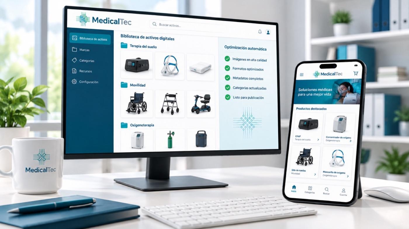 Biblioteca de activos digitales de Medicaltec organizada por categoría y tienda móvil cargada