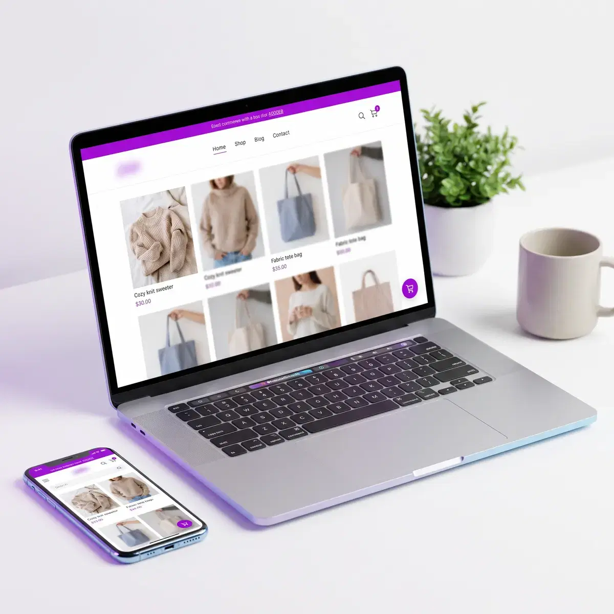 Tienda JustCommerce en notebook y celular