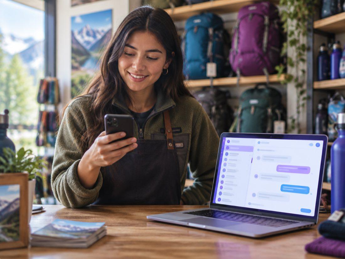 Dueña de una tienda de outdoor responde mensajes de clientes desde su celular, con la bandeja abierta en el laptop
