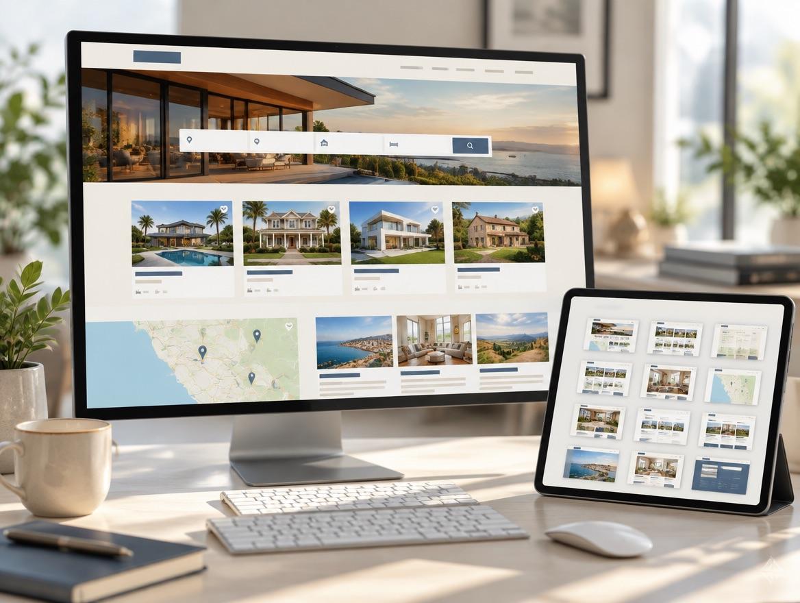 Sitio grande para una inmobiliaria con propiedades, mapa y blog en monitor y tablet