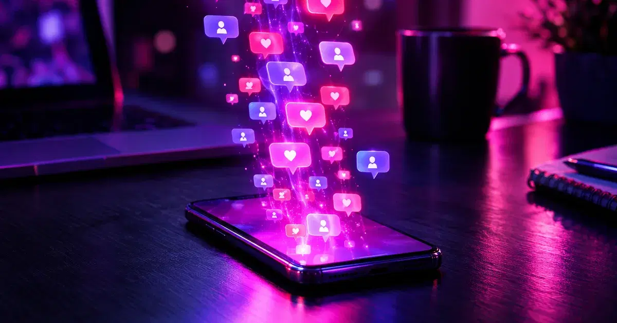 Celular sobre un escritorio con una lluvia de notificaciones de chat