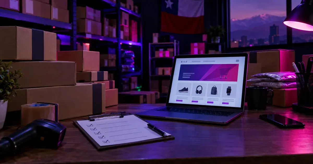 Bodega de una tienda online con cajas, lista de chequeo y notebook preparada para Black Friday