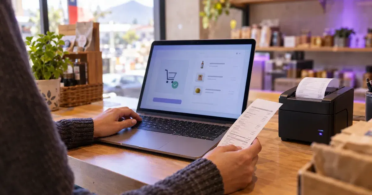 Notebook con un pedido en línea, una boleta impresa y una impresora de boletas en el mesón de una tienda