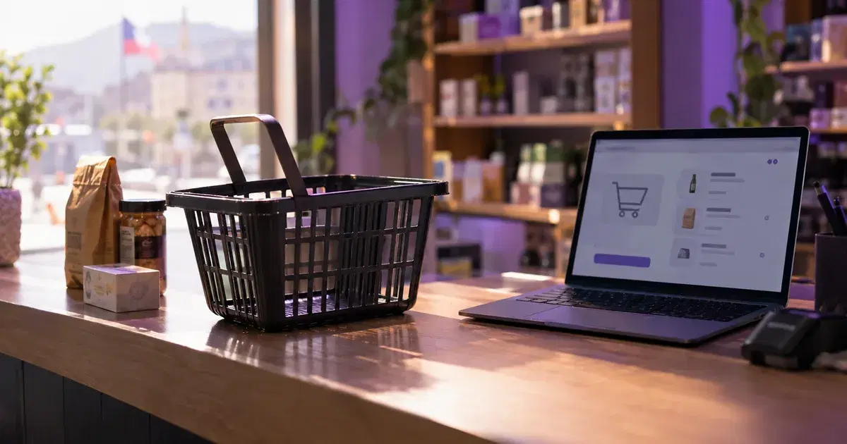 Canasto de compras vacío en un mesón junto a un notebook con un carro de compras abierto