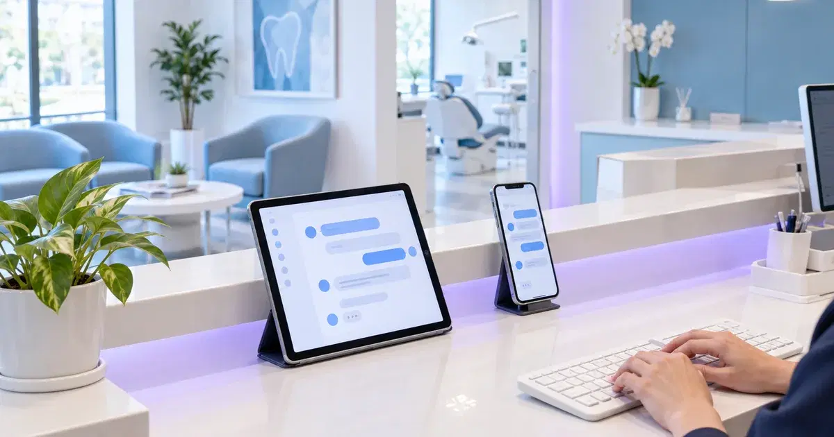 Recepción de una clínica dental con una tablet y un celular con conversaciones de chat