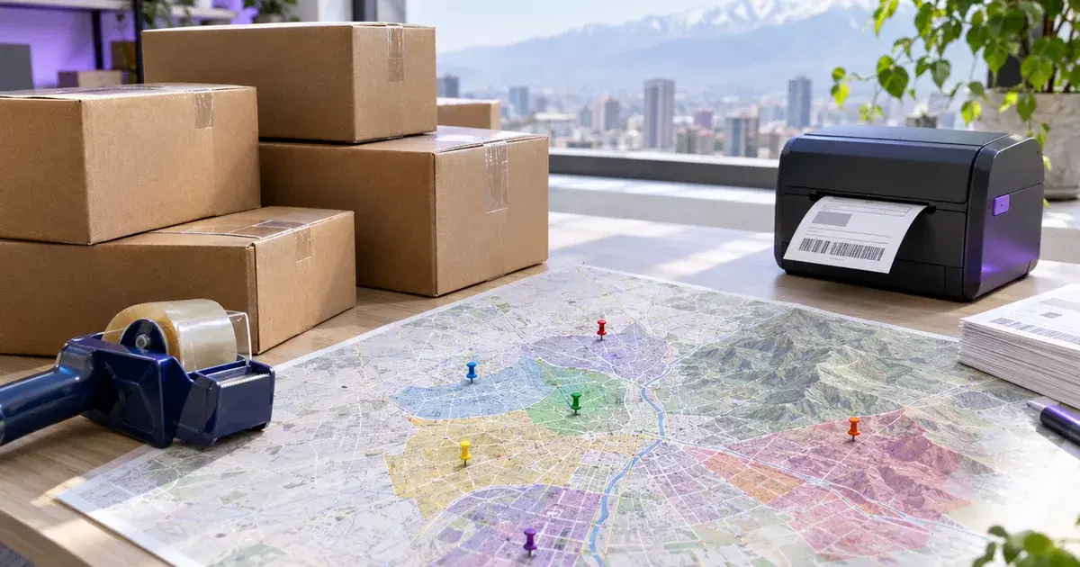 Cajas de despacho, impresora de etiquetas y mapa de comunas de Santiago con marcadores