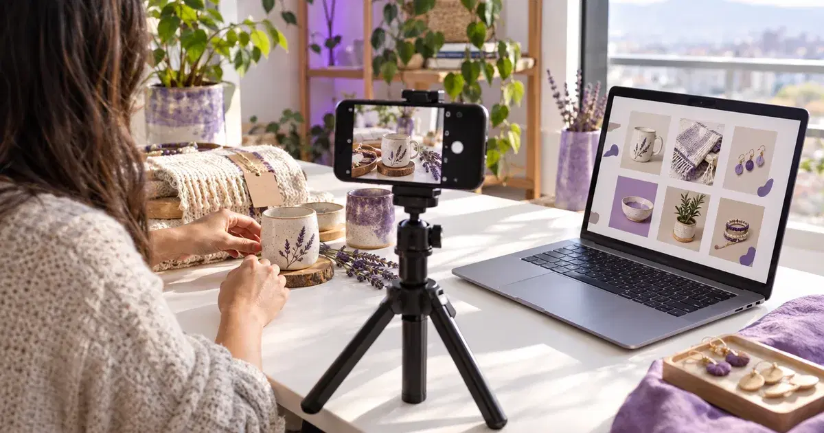 Emprendedora fotografía sus productos con un celular en trípode para su tienda online
