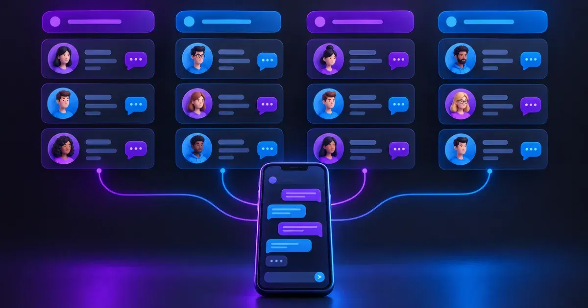Ilustración de un tablero de contactos y conversaciones organizado en columnas conectado a un celular