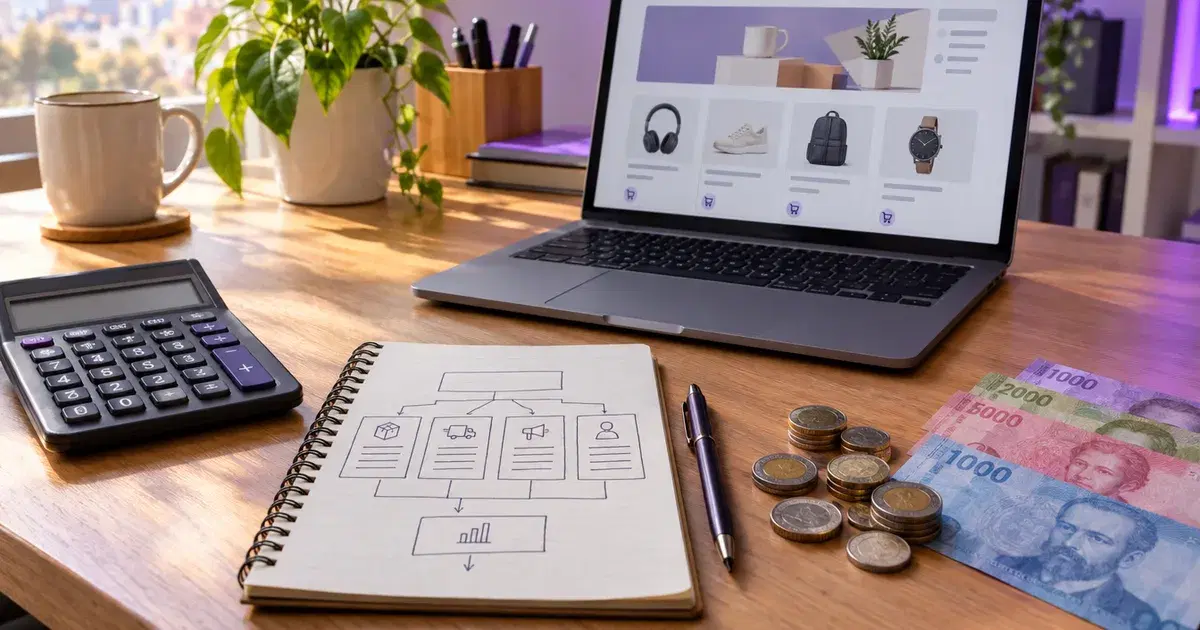 Calculadora, cuaderno con un esquema de costos, billetes y monedas chilenas junto a una tienda online