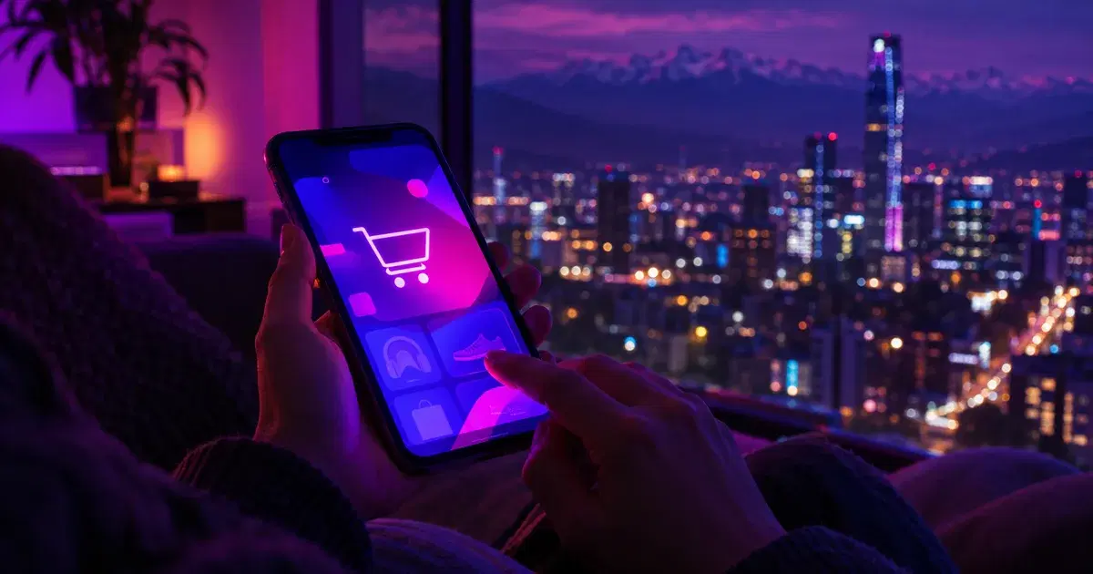 Persona compra de noche con su celular durante un evento cyber, con Santiago iluminado de fondo