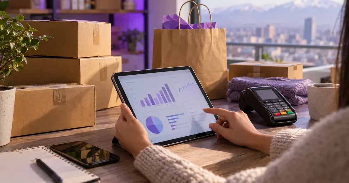 Tablet con gráficos de ventas rodeada de cajas de despacho, una bolsa de compras y un terminal de pago