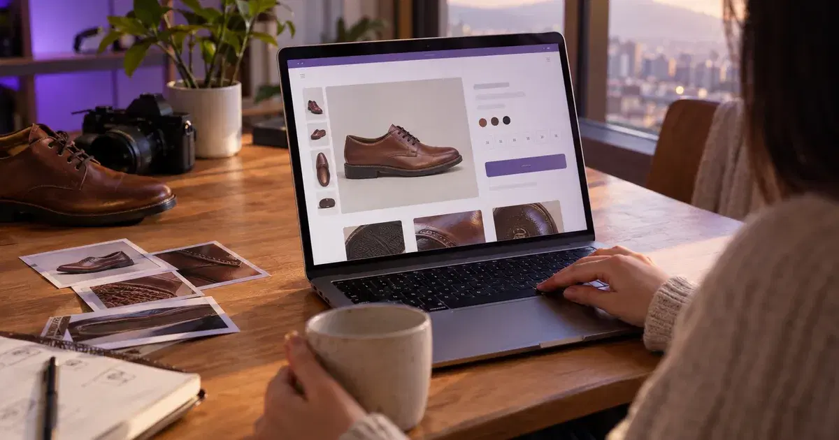 Notebook con la ficha de un zapato de cuero y fotos de producto sobre el escritorio