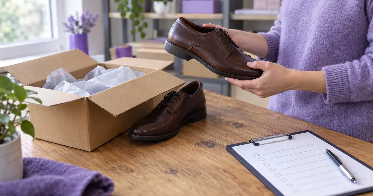 Revisión de un par de zapatos devuelto junto a su caja y una lista de chequeo