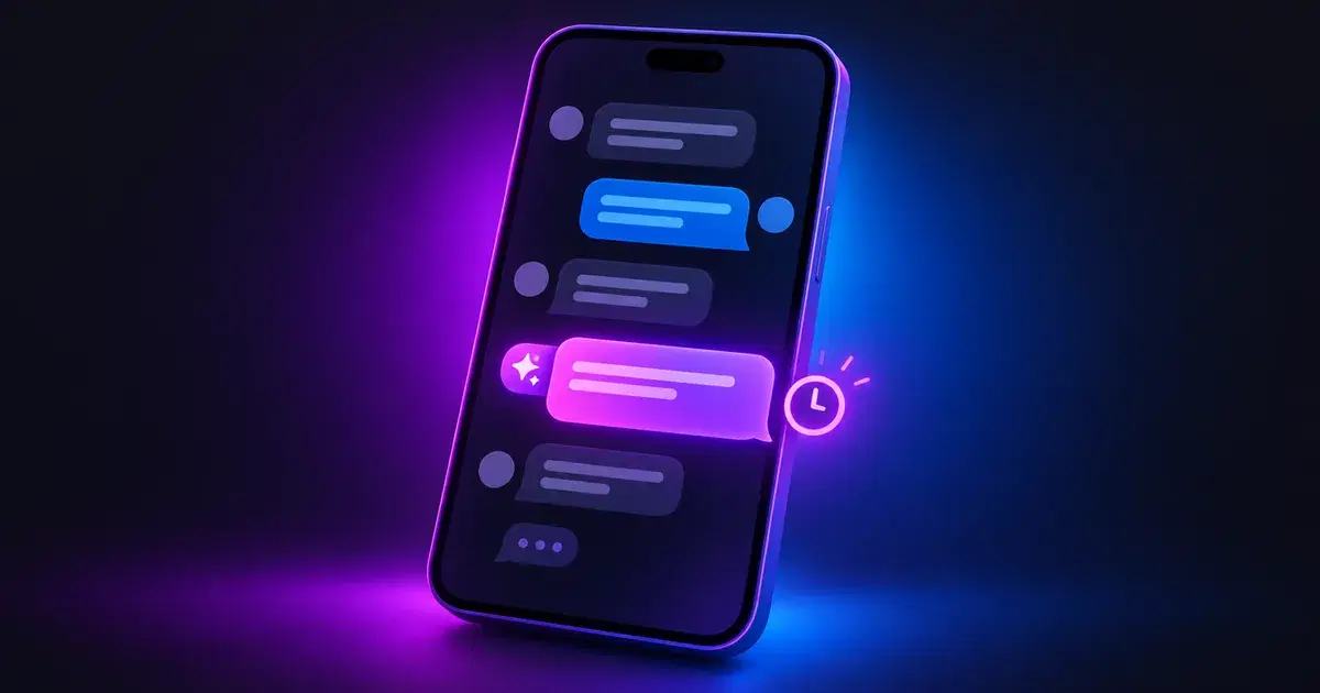 Ilustración de un celular con mensajes directos, una respuesta automática y un pequeño reloj