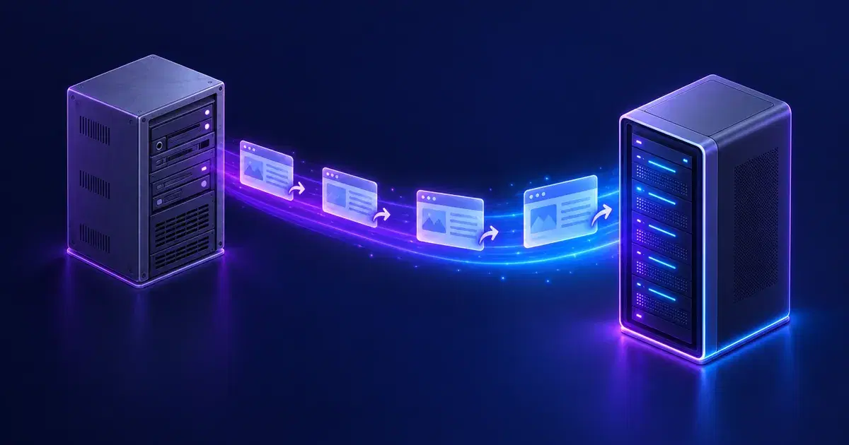 Ilustración 3D de dos servidores conectados por un puente de luz violeta y azul, con bloques de páginas cruzando de uno a otro