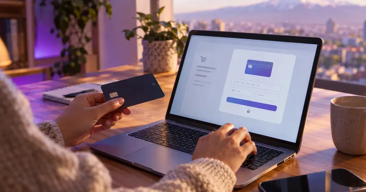 Notebook con una pantalla de pago en línea y una tarjeta bancaria en la mano