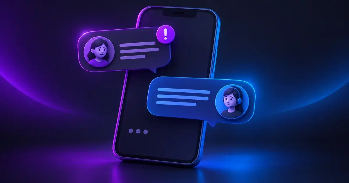 Ilustración de un celular con el mensaje de un cliente molesto y una respuesta tranquila del equipo