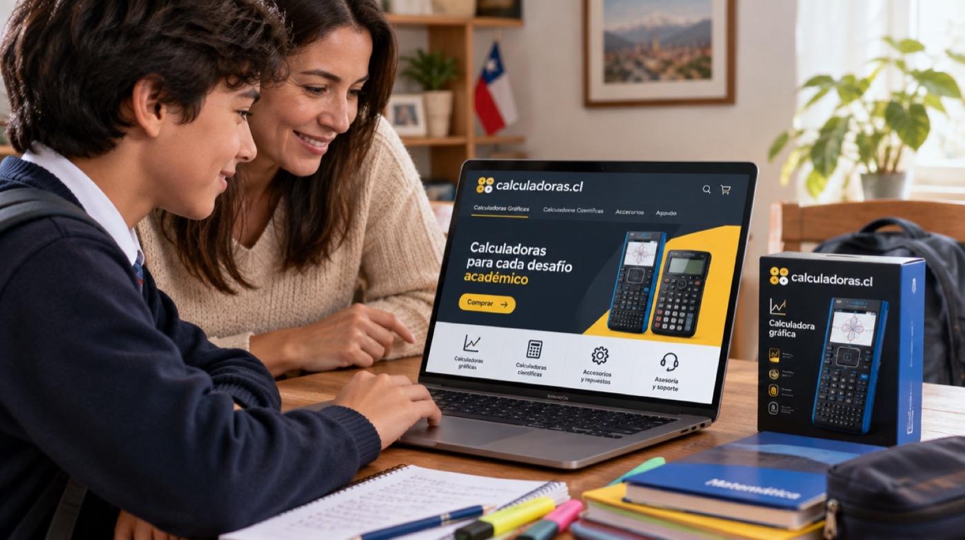 Madre e hijo revisan calculadoras gráficas en la tienda de calculadoras.cl desde un notebook