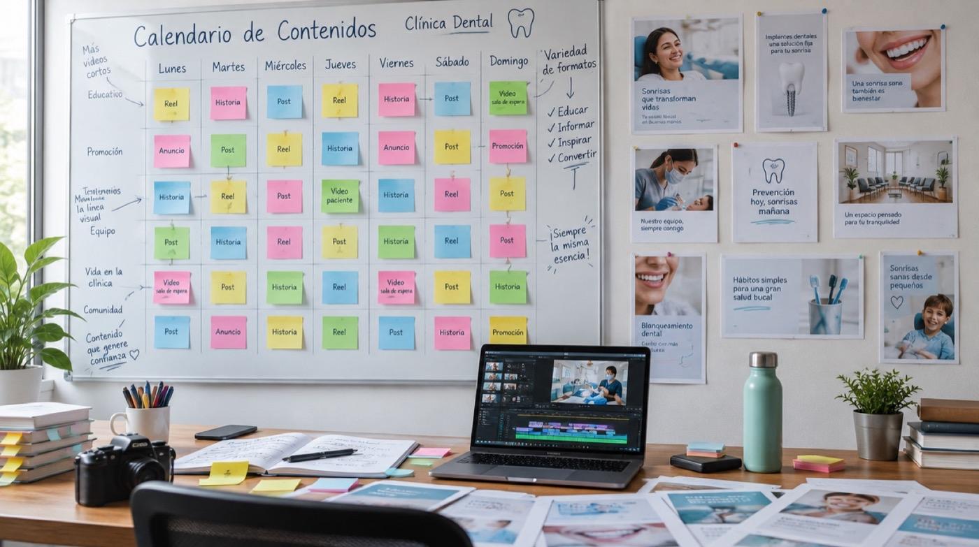 Pizarra con un calendario de contenidos lleno de formatos y borradores de piezas