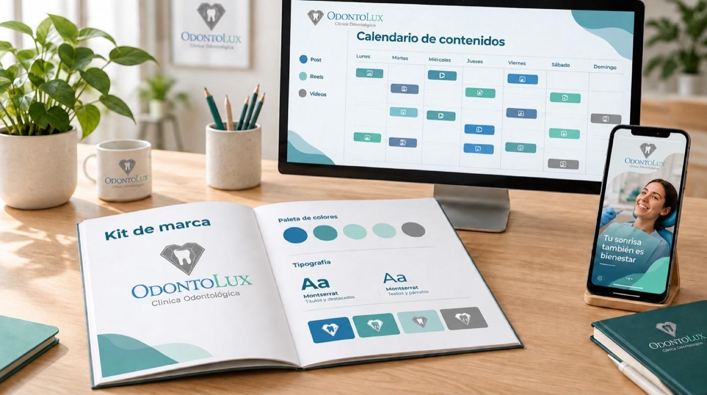 Kit de marca de OdontoLux junto al calendario de contenidos y una historia en el celular